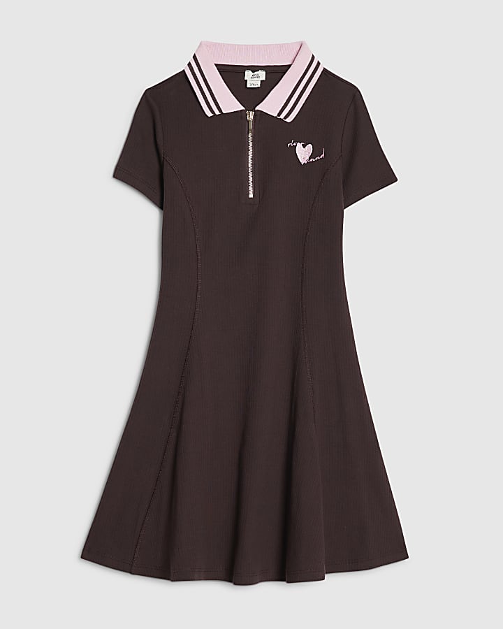 Girls Brown Ribbed Zip Polo Dress