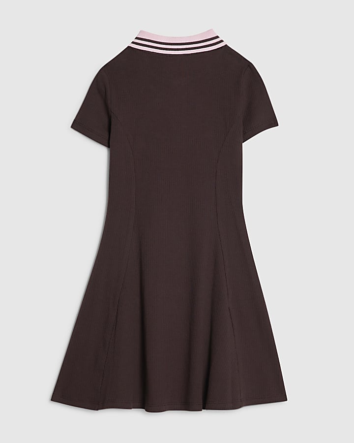 Girls Brown Ribbed Zip Polo Dress