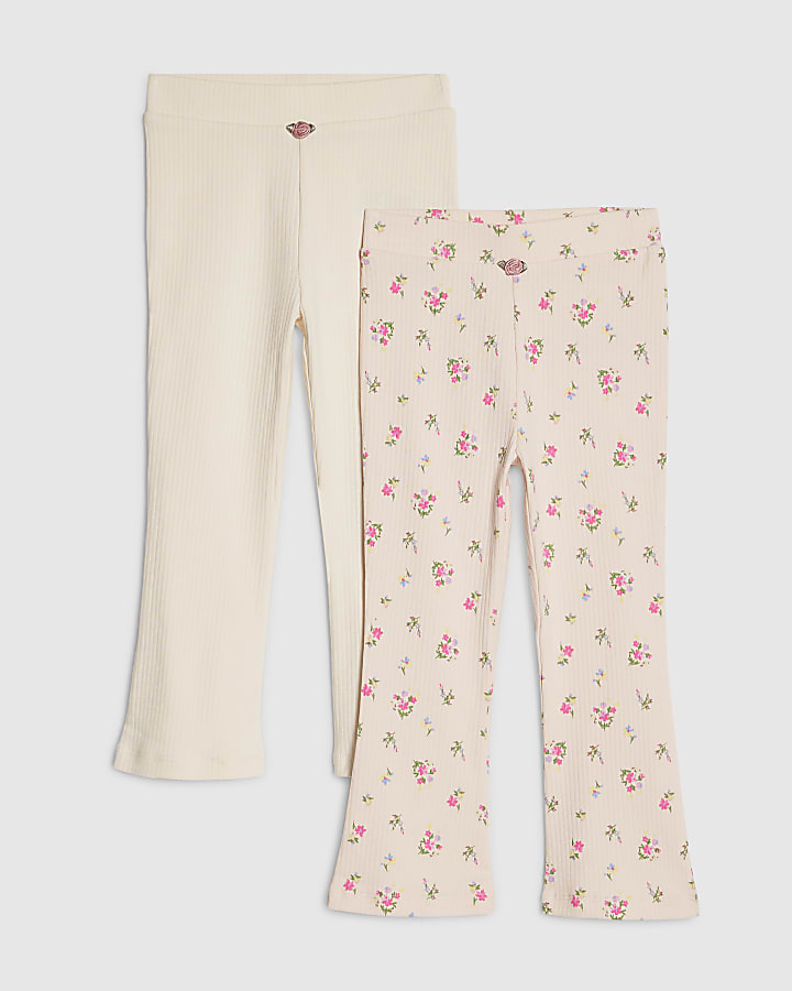 Mini Girls Pink Rib Floral Pack Of 2 Leggings
