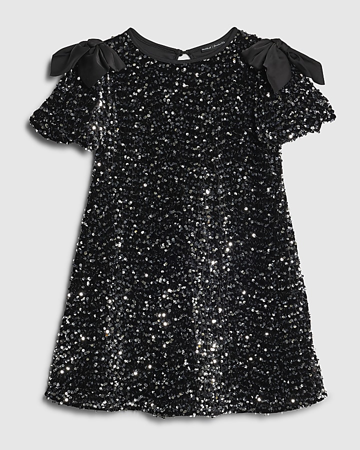 Girls Black Sequin Bow Dress