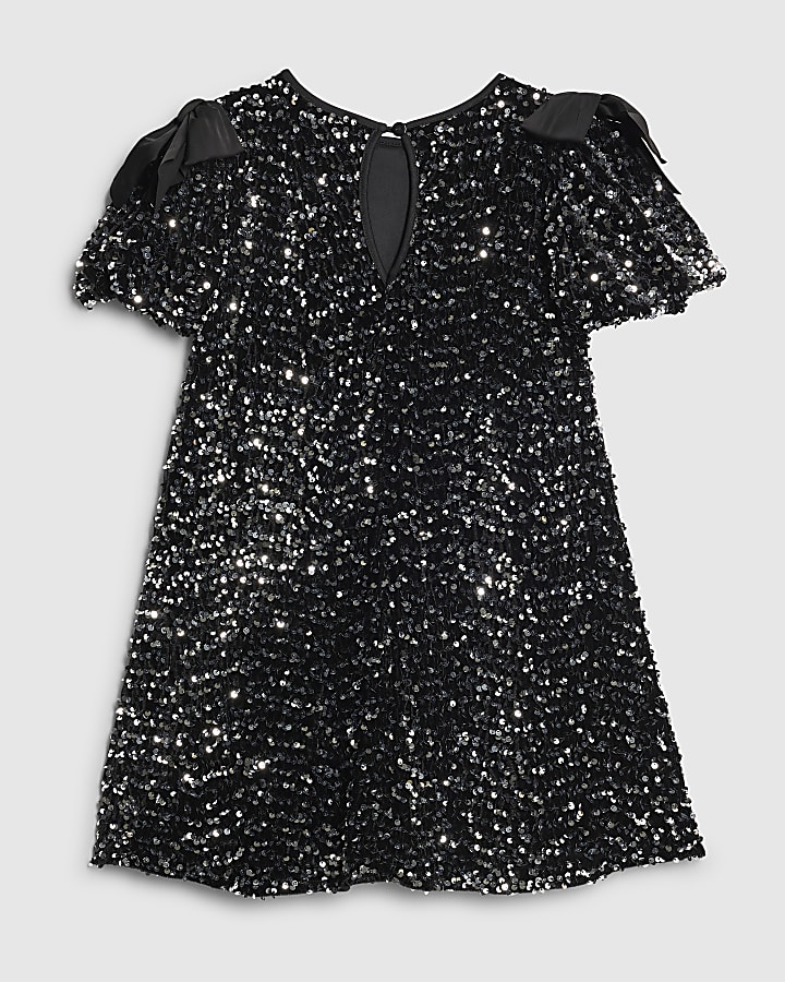 Girls Black Sequin Bow Dress