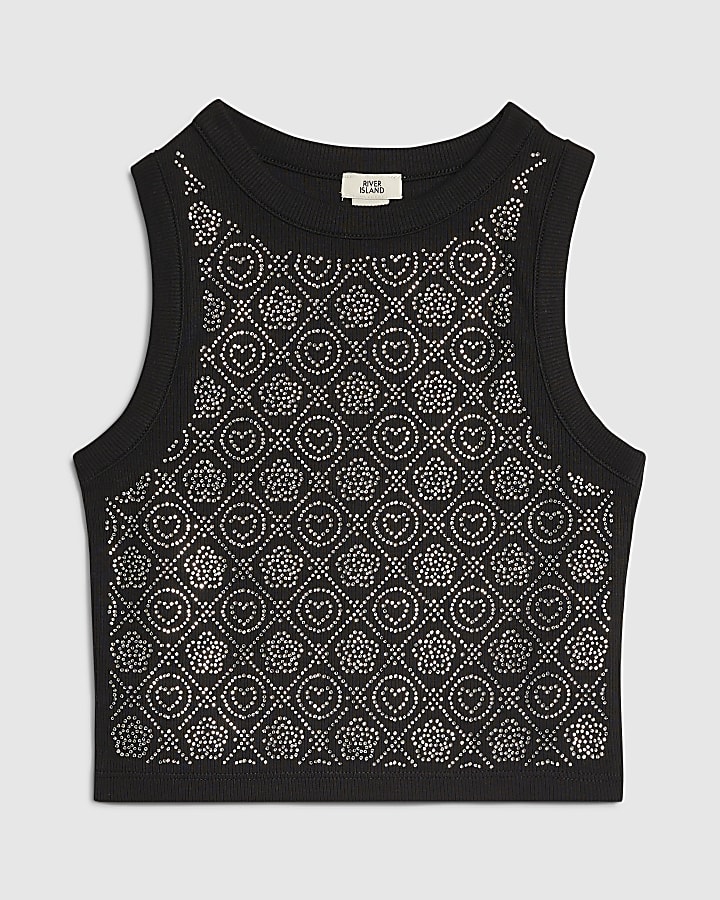 Girls Black RI embellished Tank Top