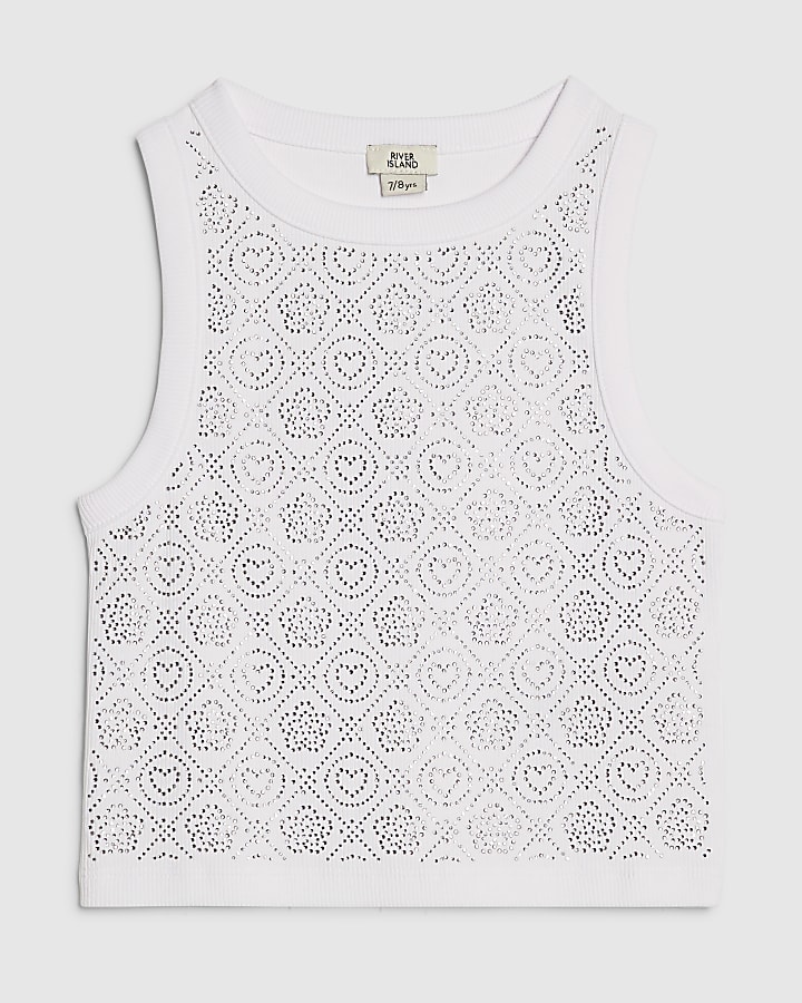 Girls White RI Diamante Tank Top