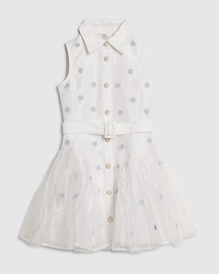 Girls White Floral Organza Prom Dress