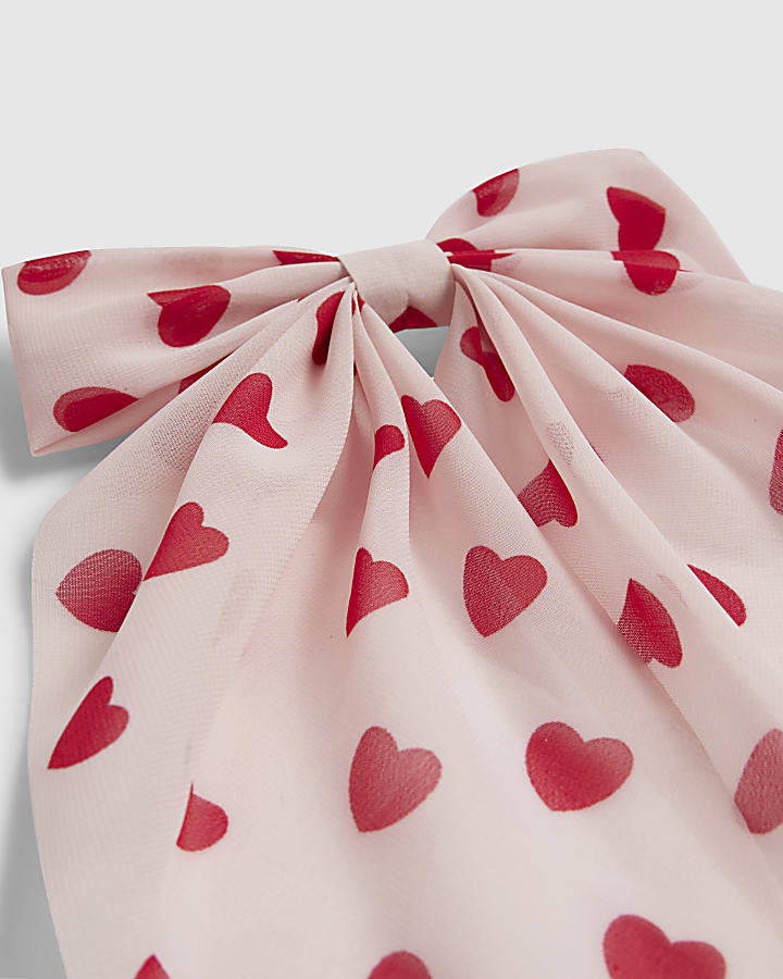 Girls Pink Heart Print Hair Bow