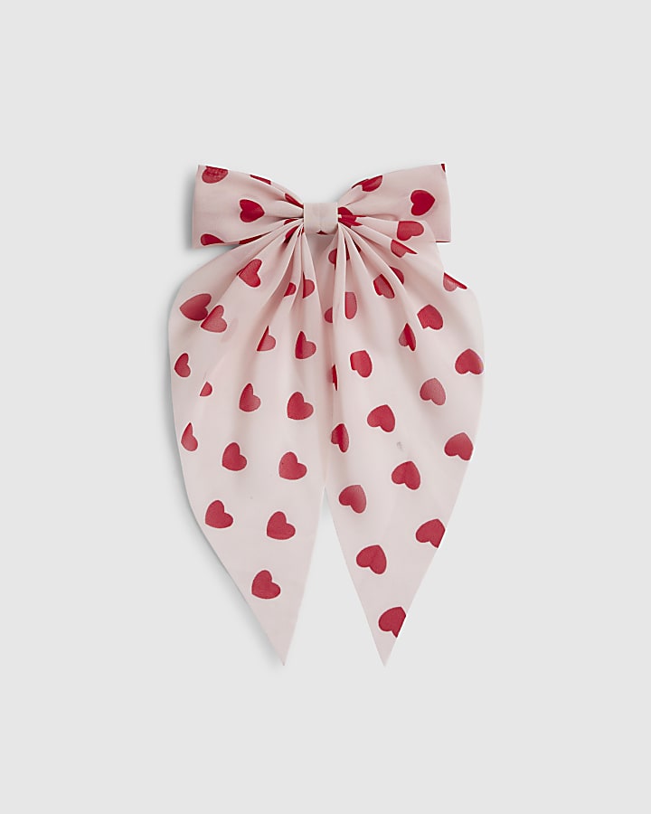 Girls Pink Heart Print Hair Bow