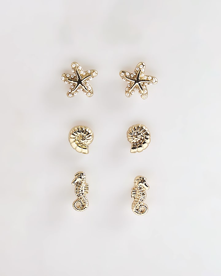 Girls Gold Sealife Pack Of 3 Stud Earrings