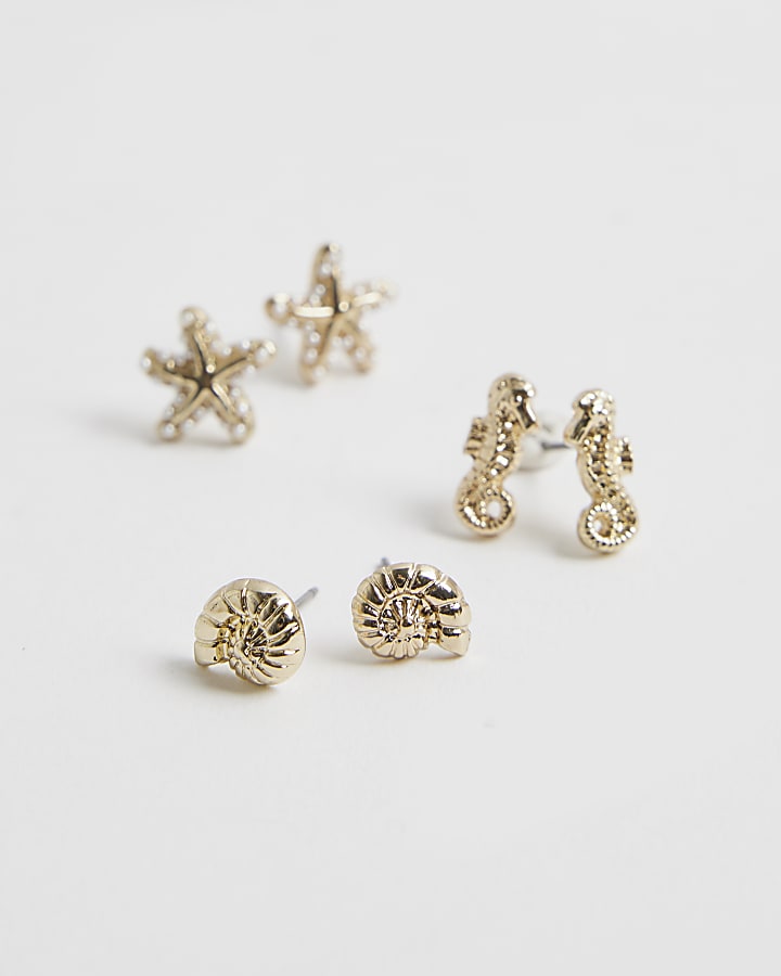 Girls Gold Sealife Pack Of 3 Stud Earrings