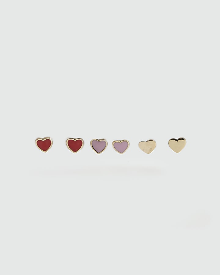 Girls Red Heart Studs 3 Pack
