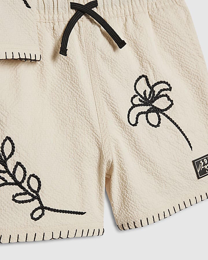 Mini Boys Beige Embroidered Swim Set