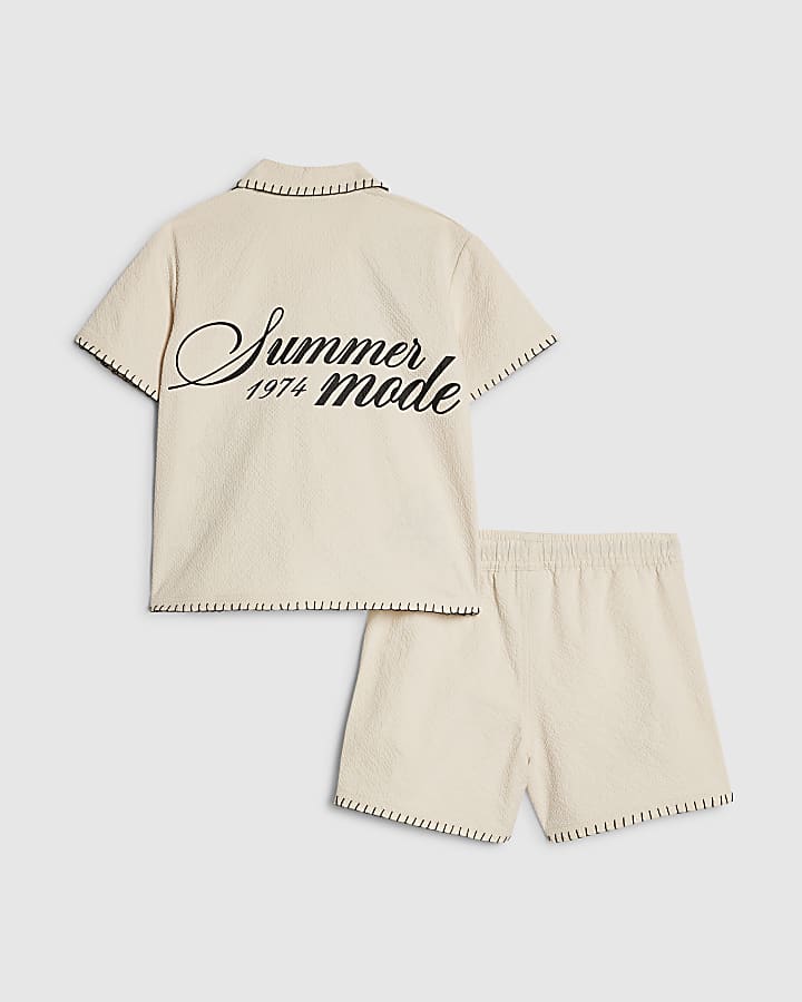 Mini Boys Beige Embroidered Swim Set