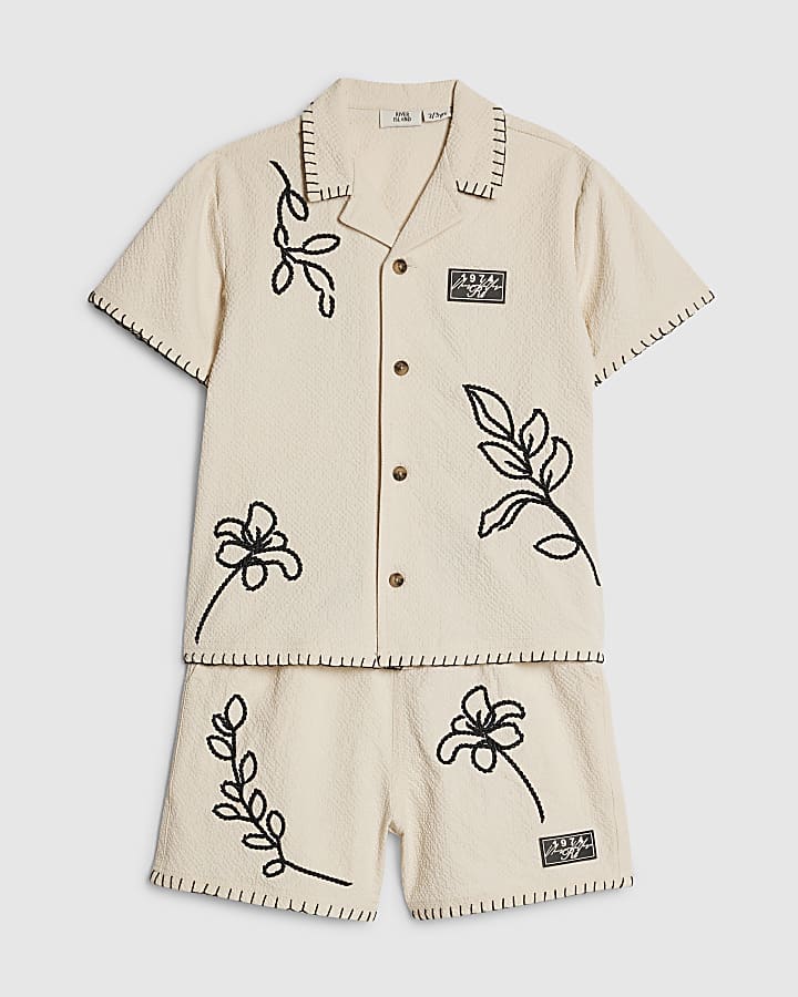 Mini Boys Beige Embroidered Swim Set