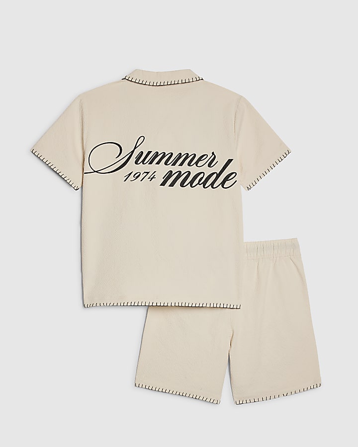 Boys Beige Embroidered Swim Set