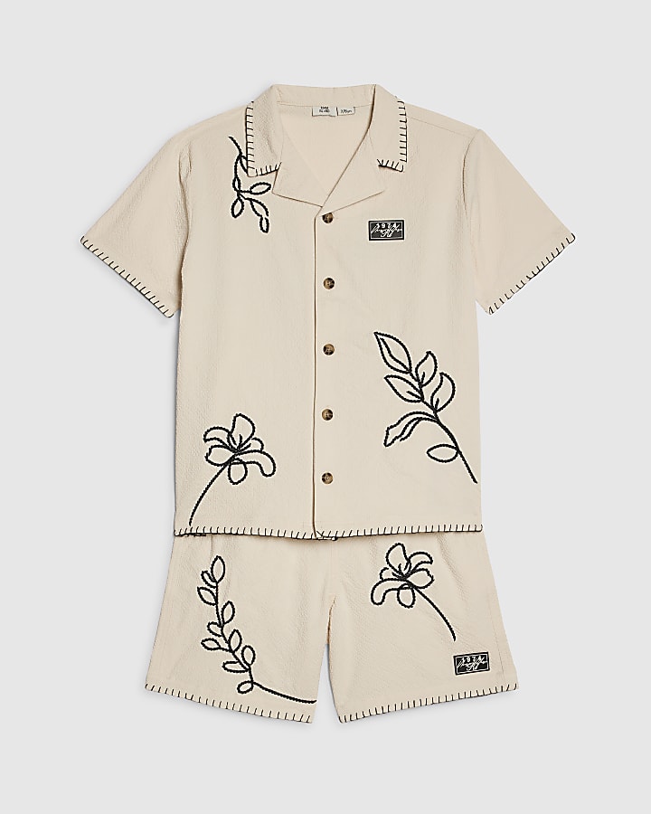 Boys Beige Embroidered Swim Set