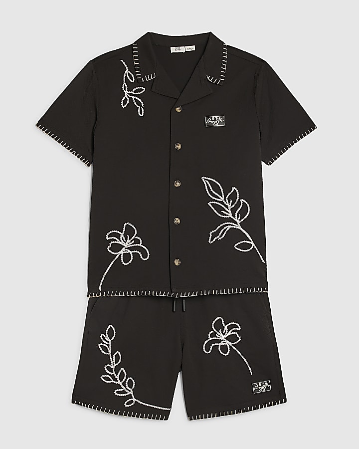 Boys Black Embroidered Swim Set