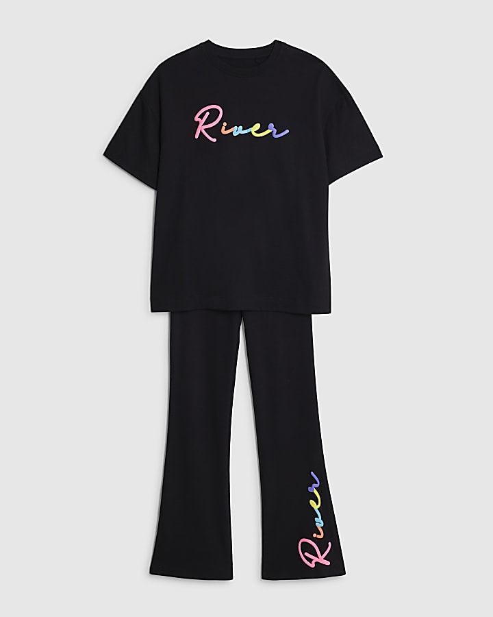 Girls Black River T-Shirt And Leggings Set