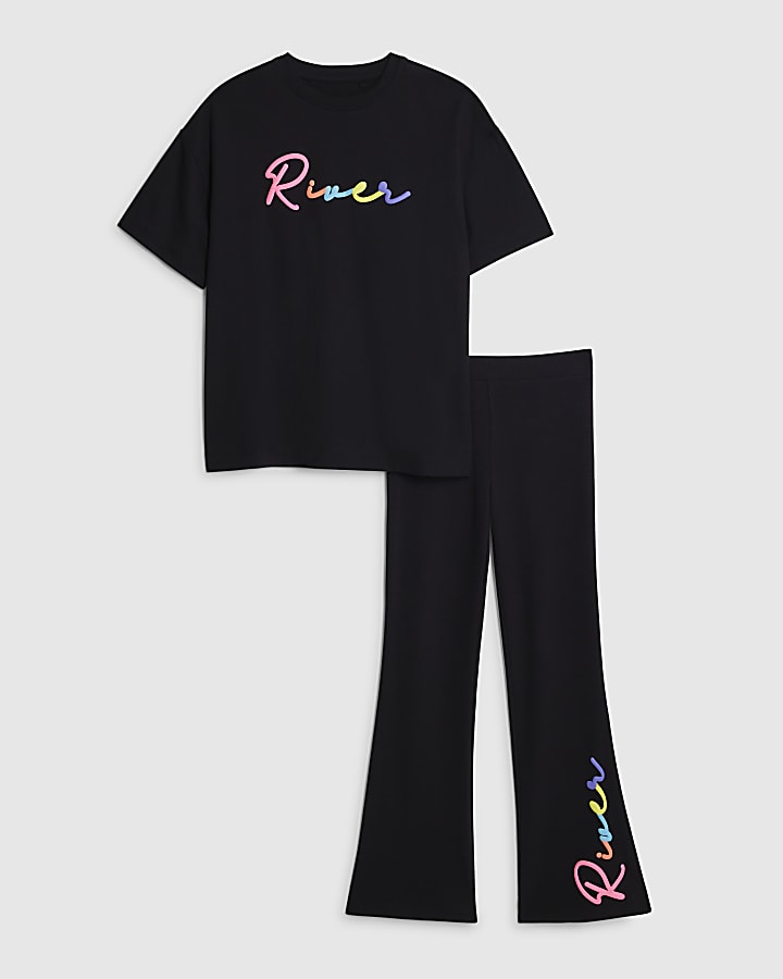 Girls Black River T-Shirt And Leggings Set