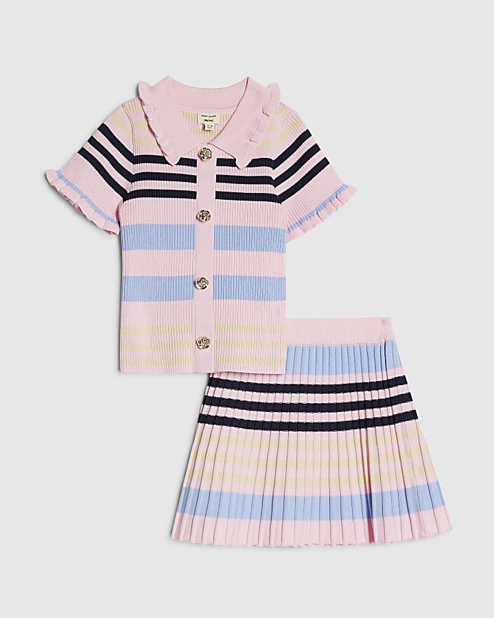 Mini Girls Pink Stripe Polo Shirt Set