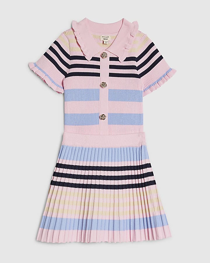 Mini Girls Pink Stripe Polo Shirt Set