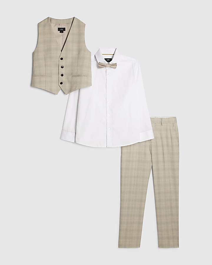 Boys Beige Check Waistcoat 4 Piece Set