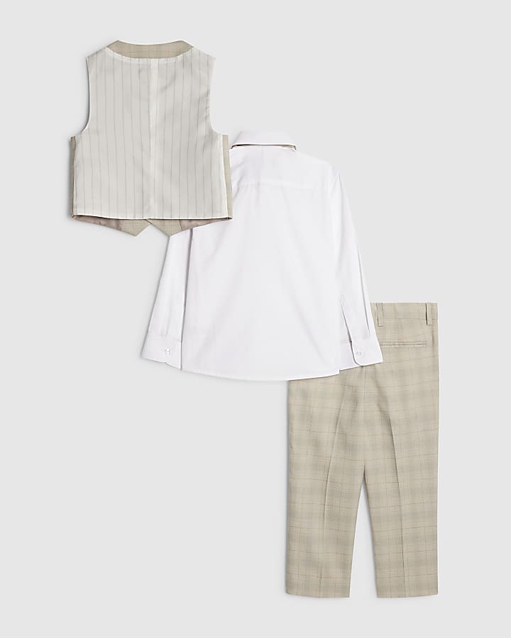 Mini Boys Beige Check Waistcoat 4 Piece Set