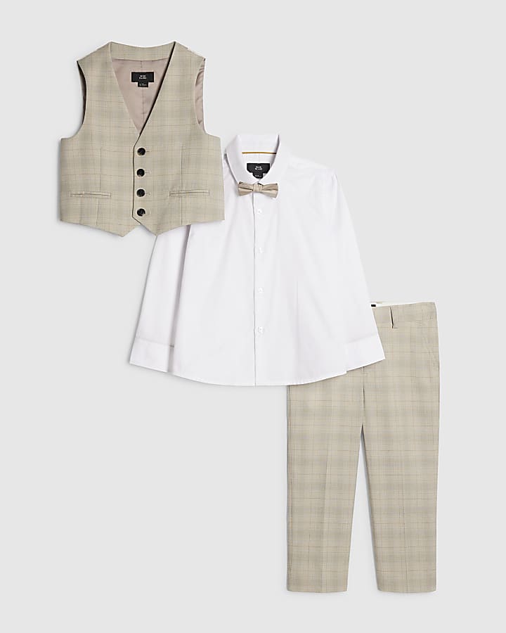 Mini Boys Beige Check Waistcoat 4 Piece Set