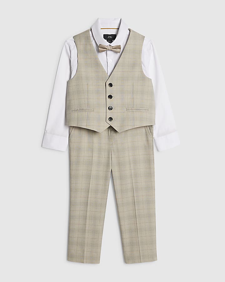 Mini Boys Beige Check Waistcoat 4 Piece Set