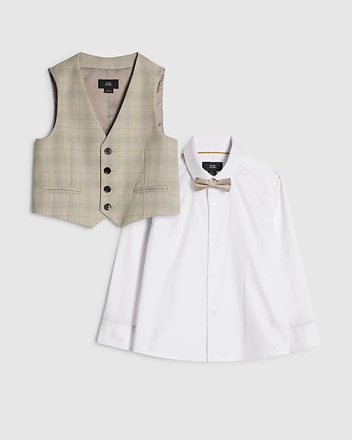 Boys Beige Check Waistcoat 3 Piece Set