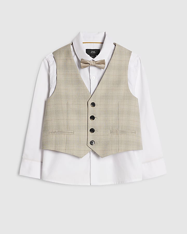 Boys Beige Check Waistcoat 3 Piece Set