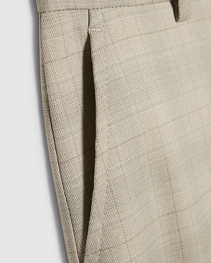 Boys Beige Tailored Check Suit Trousers