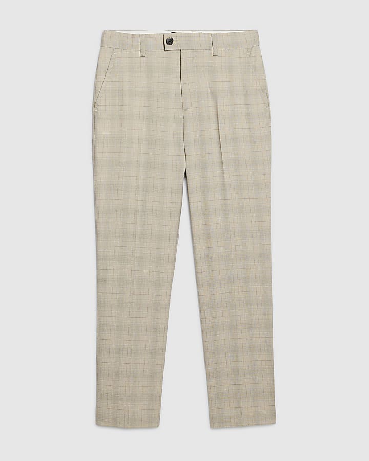 Boys Beige Tailored Check Suit Trousers