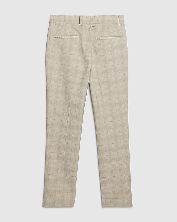 Boys Beige Tailored Check Suit Trousers