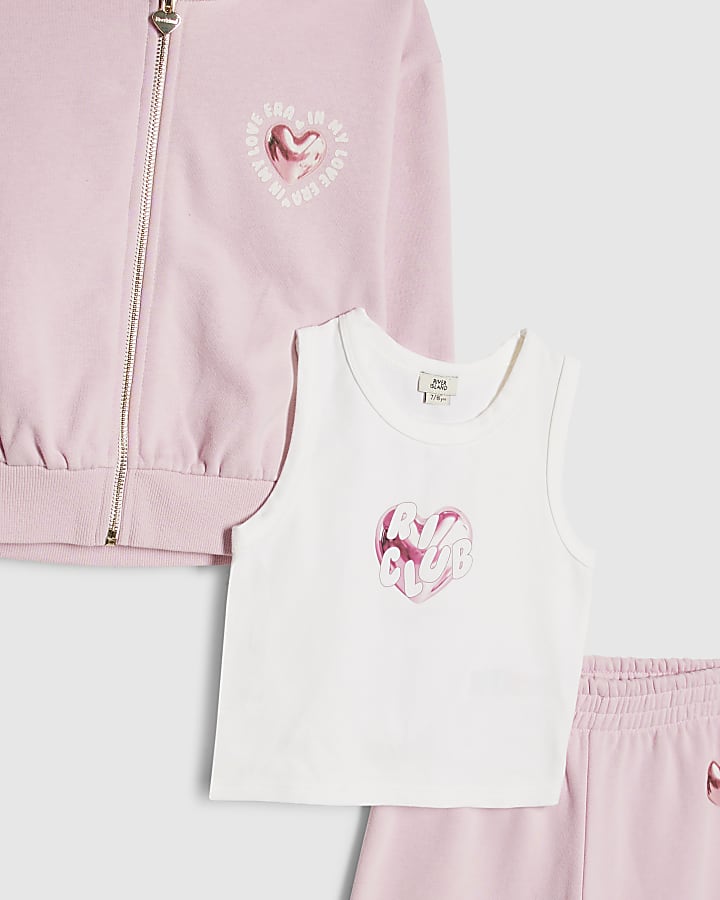Girls Pink Heart Graphic Hoodie Set