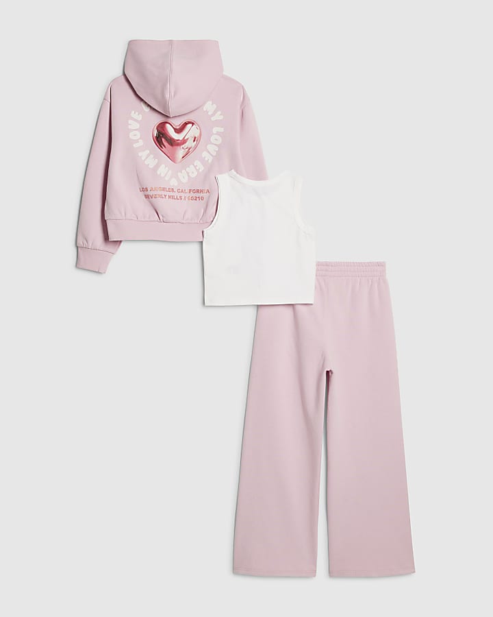 Girls Pink Heart Graphic Hoodie Set