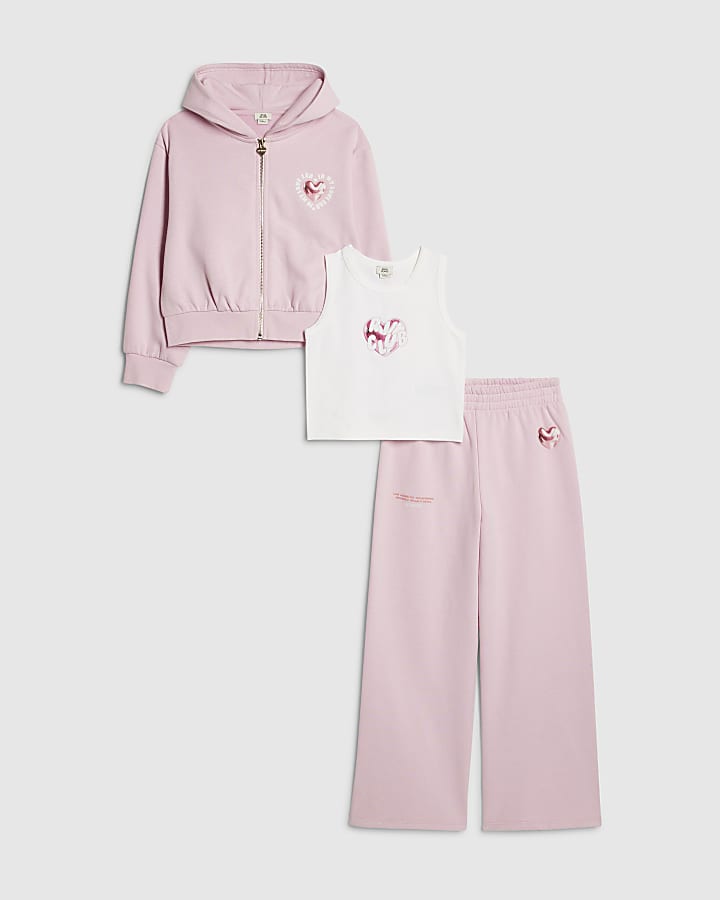 Girls Pink Heart Graphic Hoodie Set