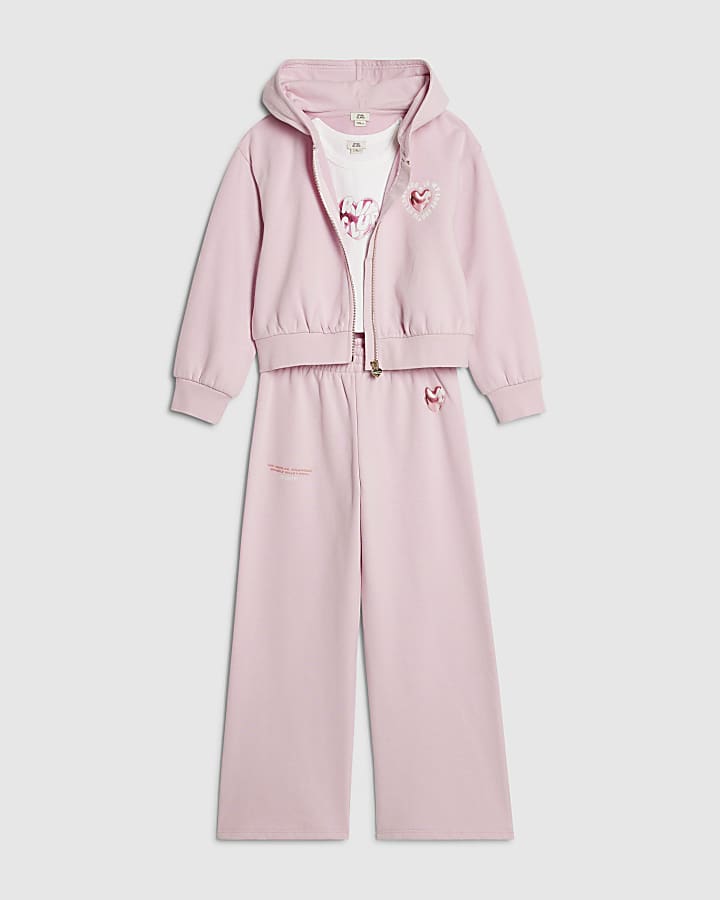 Girls Pink Heart Graphic Hoodie Set