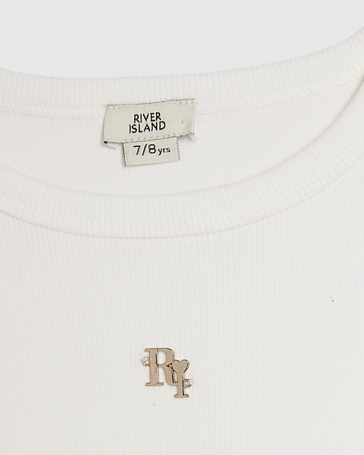 Girls White 3D Bow Ribbed Top