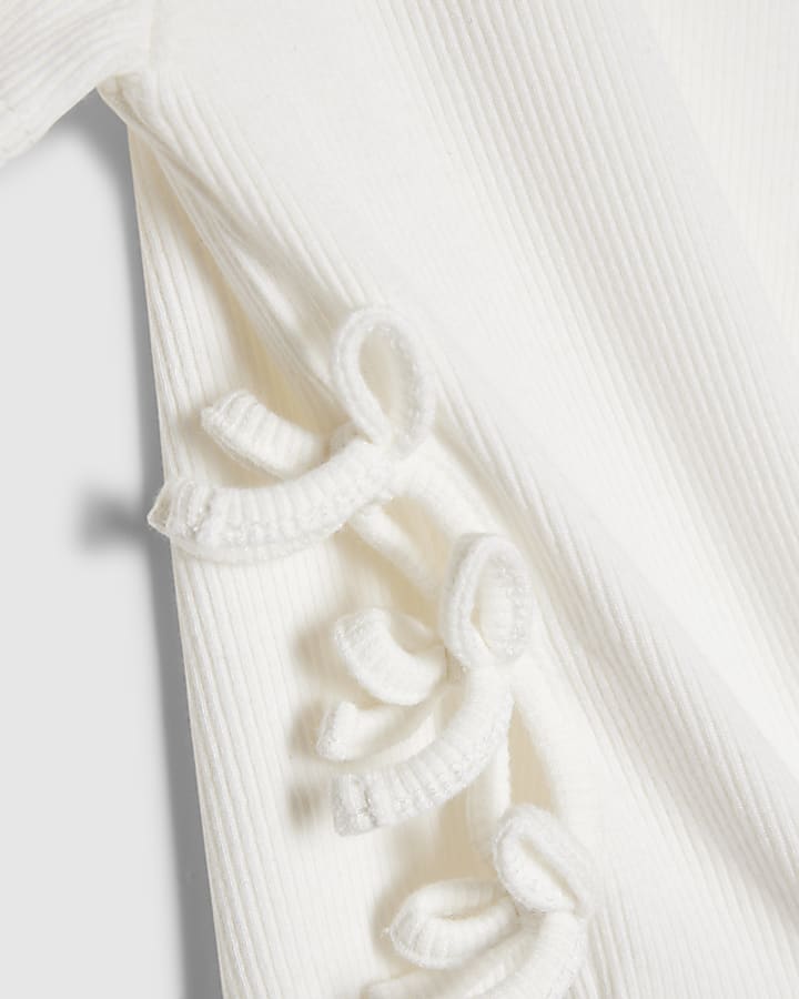 Girls White 3D Bow Ribbed Top