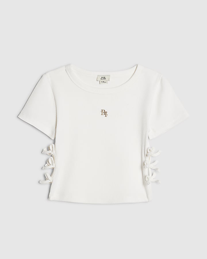 Girls White 3D Bow Ribbed Top