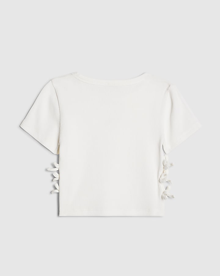 Girls White 3D Bow Ribbed Top