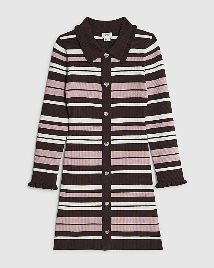 Girls Brown Stripe Polo Dress