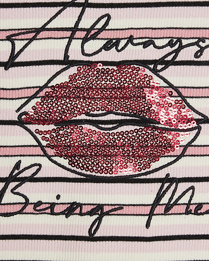 Girls Pink Stripe Sequin Lips T-Shirt