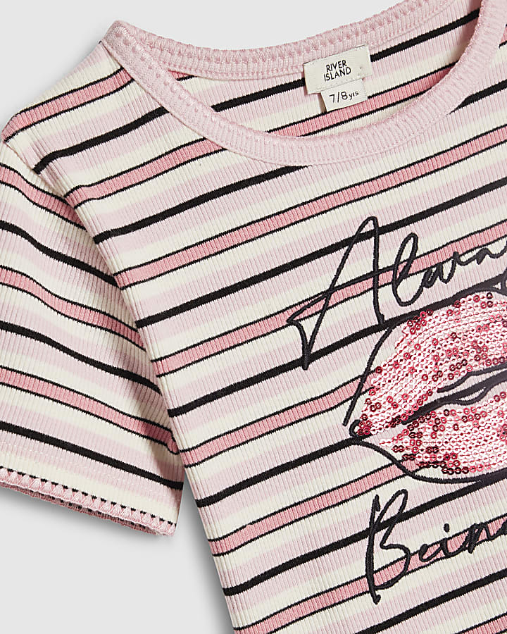 Girls Pink Stripe Sequin Lips T-Shirt