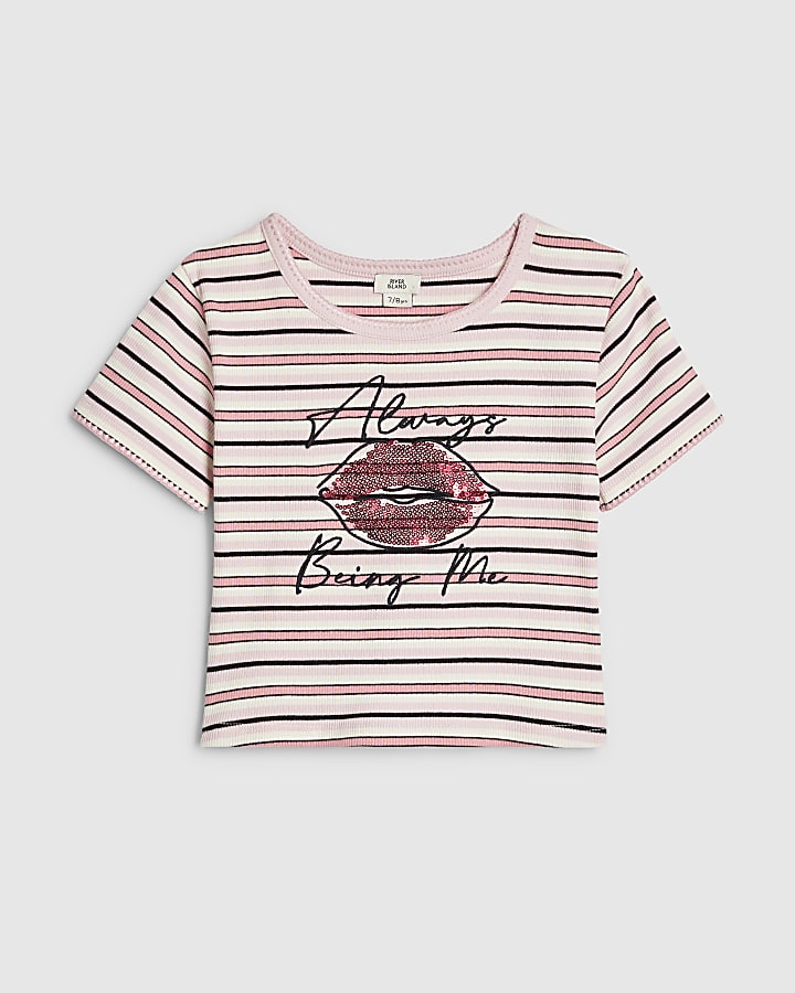 Girls Pink Stripe Sequin Lips T-Shirt