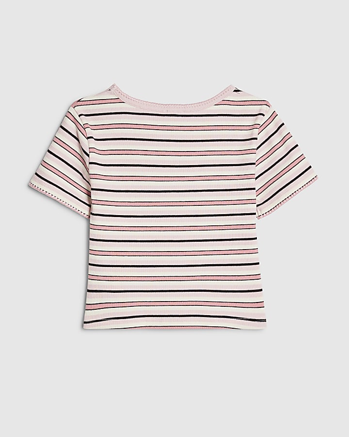Girls Pink Stripe Sequin Lips T-Shirt