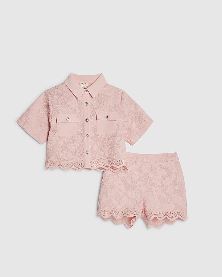 Mini Girls Pink Lace Blouse And Shorts Set