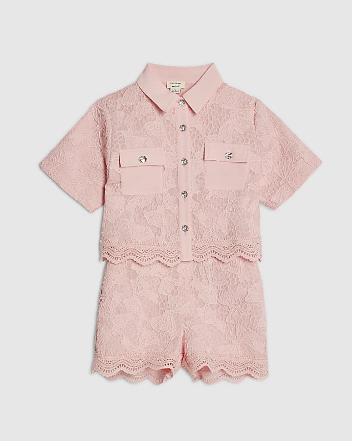 Mini Girls Pink Lace Blouse And Shorts Set