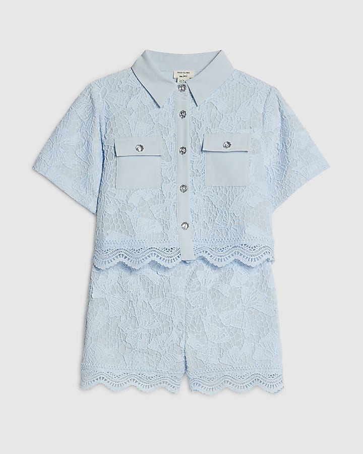 Mini Girls Blue Lace Blouse And Shorts Set