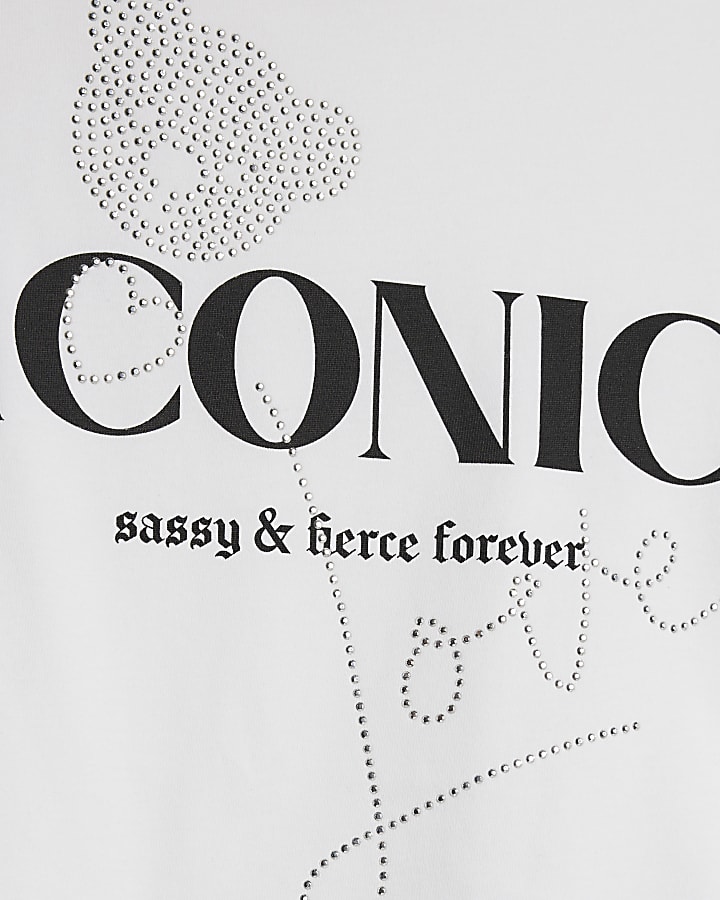 Girls White Diamante Hotfix T-Shirt
