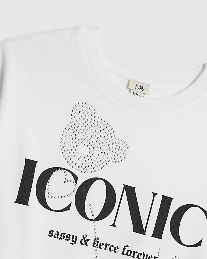 Girls White Diamante Hotfix T-Shirt